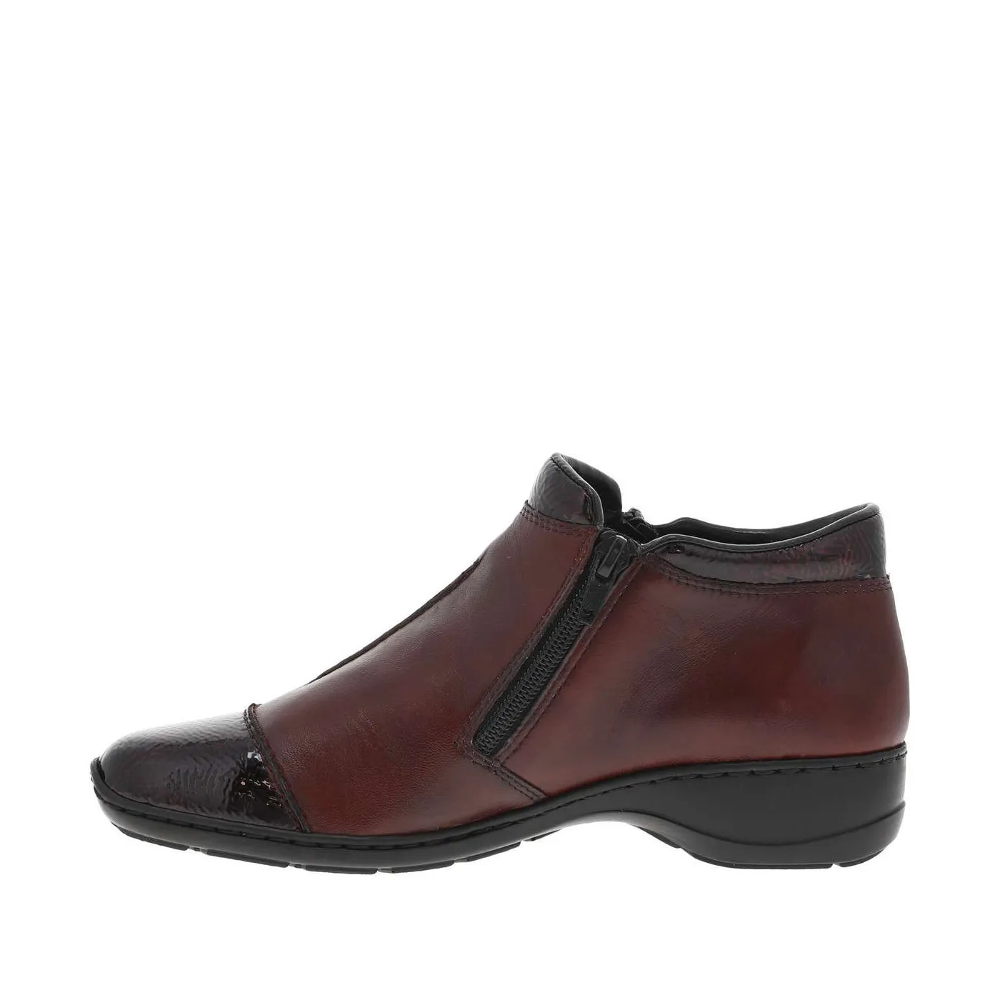 Boots bordeaux vernies à talon décroché bas et à zip avec motif fleur