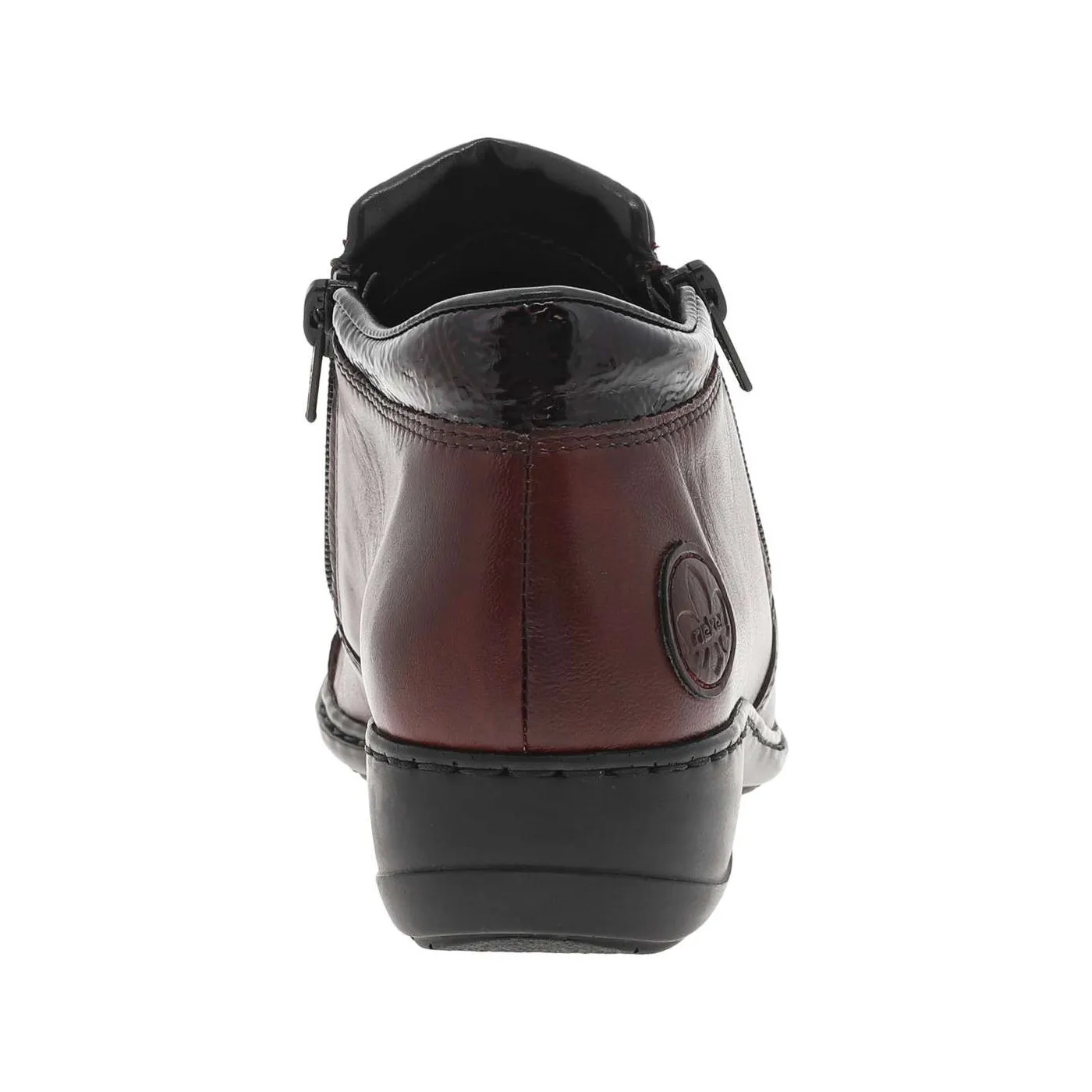 Boots bordeaux vernies à talon décroché bas et à zip avec motif fleur