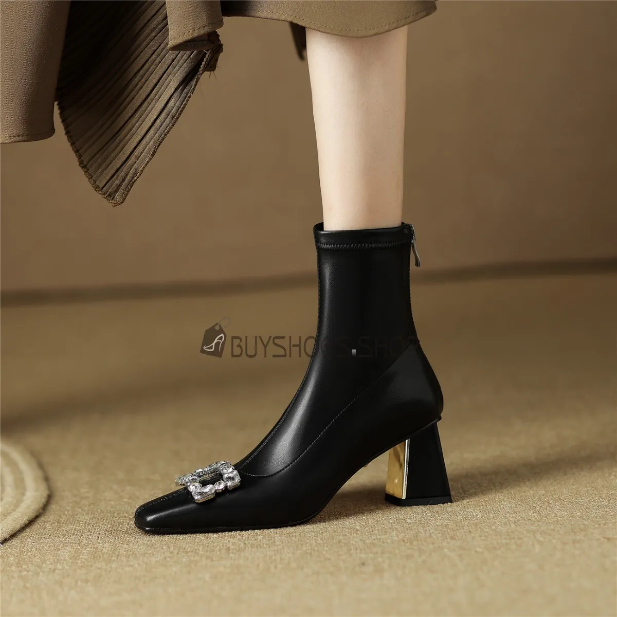 Boots Femme Belle Ceremonie Bottines Fourrees Hiver Cuir Talons Carrés A Talon 6 cm Talons Epais Chaussette