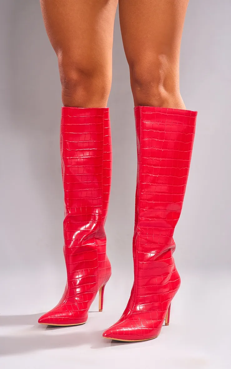 Bottes hautes talon haut aiguille en PU rouge effet croco à bout pointu