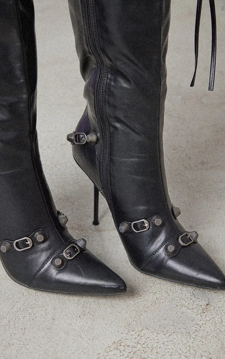 Bottes hautes à talon en PU noir à zip et bout pointu