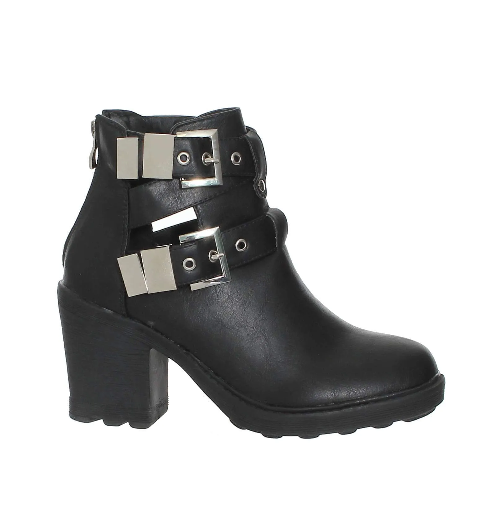 Bottines femme simili cuir à talon et brides à boucles noir Chelsea 