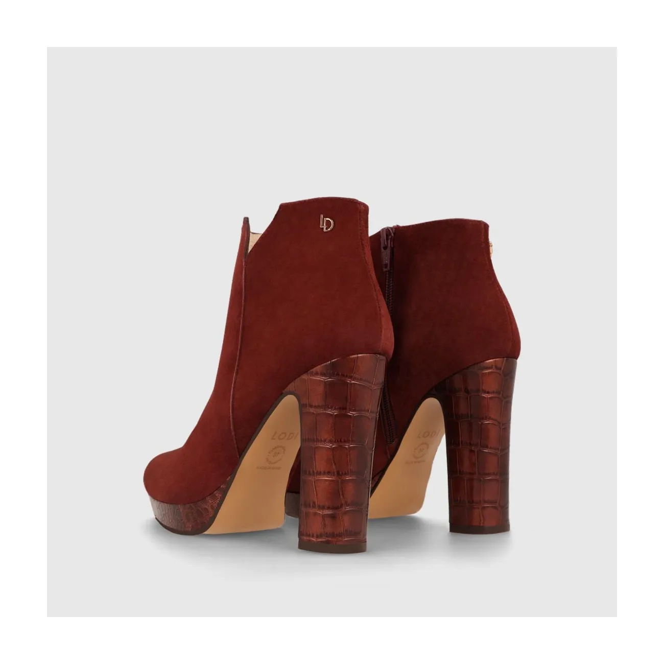 Bottines à talon en daim marron pour femme avec plateforme imprimé animal | Chaussures femme LODI en ligne.