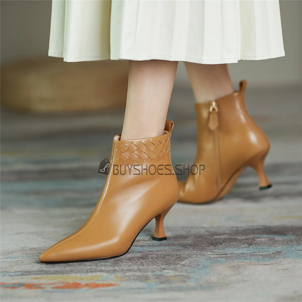 Bout Pointu Talon Mi Haut Bottine Femme Fourrees Cuir Femme