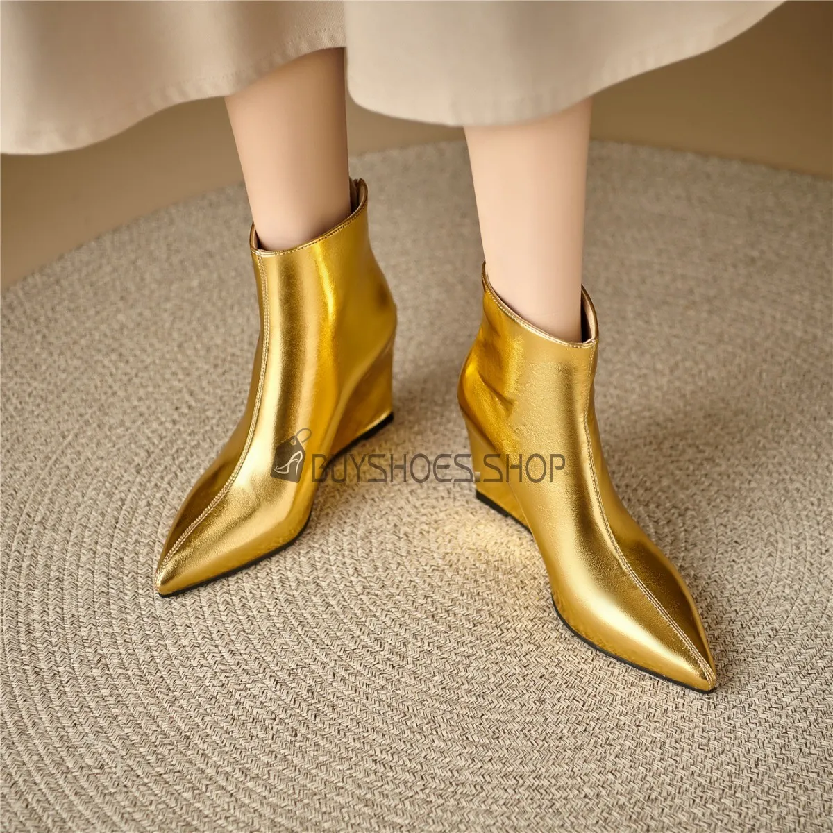 Brillante A Talon Habillé Compensées Simili Cuir Bout Pointu Bottines Confort