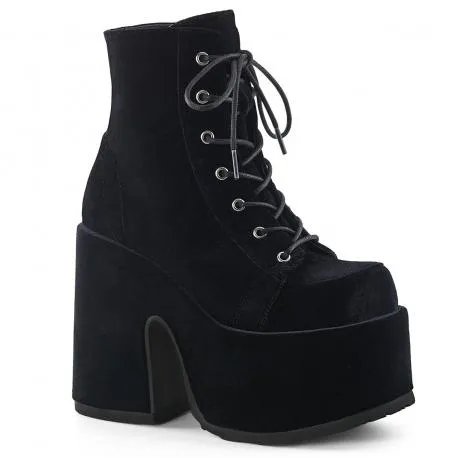 Chaussure gothique velours noir à gros talon chunky et plateforme à lacets | DemoniaCult femme