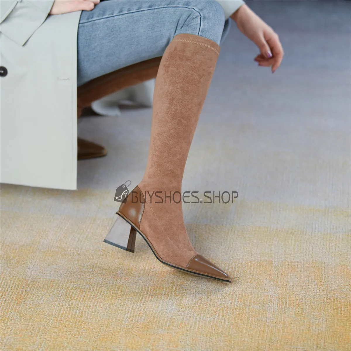Classique Fourrees Talon 6 cm Stretch Bottes Hautes Femme Daim Fermeture Éclair Talons Carrés Femme