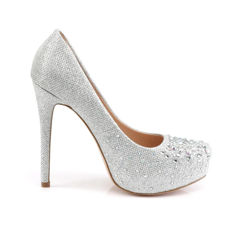 Escarpin argenté à paillettes et strass de soirée à talon aiguille et à plateforme