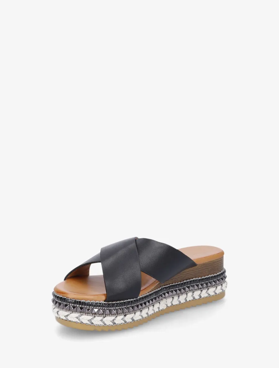 Mules croisées à talon compensé fantaisie - Noir