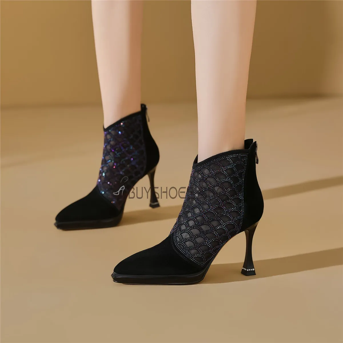 Noire Chaussures Ceremonie Talon Haut Suède Élégant Bottines Paillette Talons Aiguilles Sandale Bottine Avec Strass Fermeture Éc