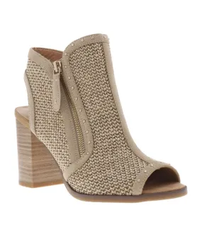 Nu-pieds beiges à talon décroché haut et zip latéral avec détails clous
