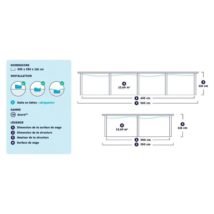 Piscine bois rectangulaire Azura 5,05 x 3,50 x H. 1,26 m - Liner bleu