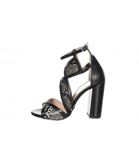 Sandale bi-matière cuir & python noir à talon carré Osmos shoes Paris.