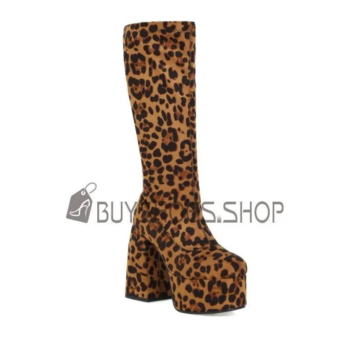 Talons Carrés Leopard A Talon Haut 13 cm Velour Fourrees Bottes Mi Mollet Plateforme Bout Rond