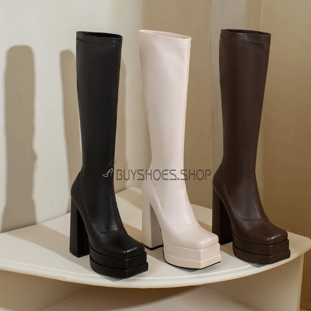 Talons Epais Talon Carré Confortables Cuir Bottes Haute Plateforme Bout Carré D hiver Fourrees Boots Chaussette Bottes Hauteur G