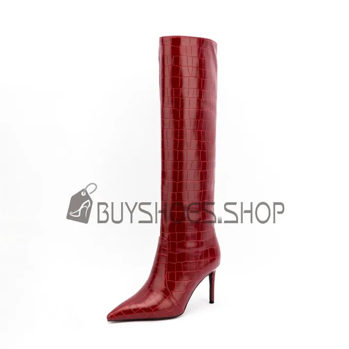 Vernis Bordeaux Hiver Fourrées Classique A Talon Haut 9 cm Bottes Haute Femme Habillé