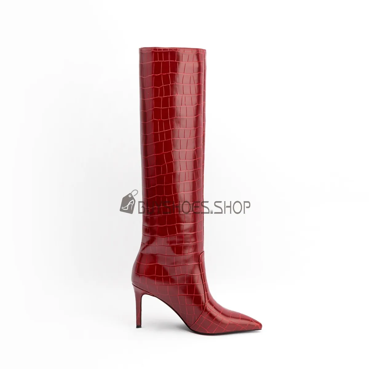 Vernis Bordeaux Hiver Fourrées Classique A Talon Haut 9 cm Bottes Haute Femme Habillé
